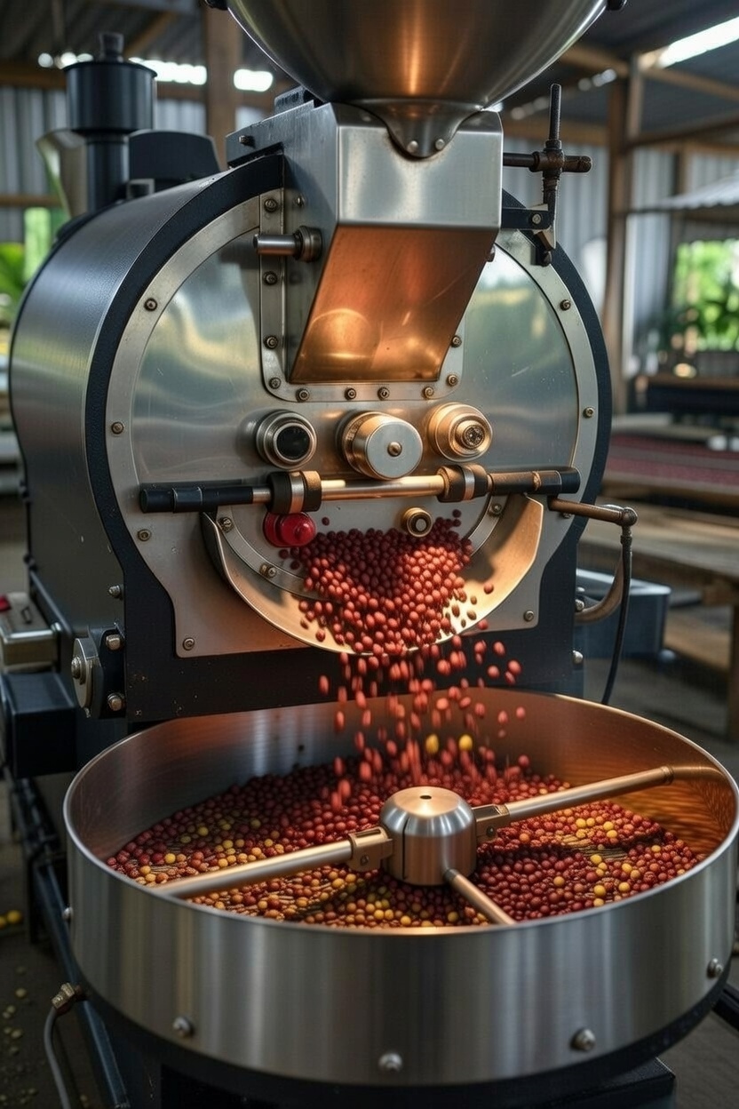 A coffee farmer holding fresh coffee cherries