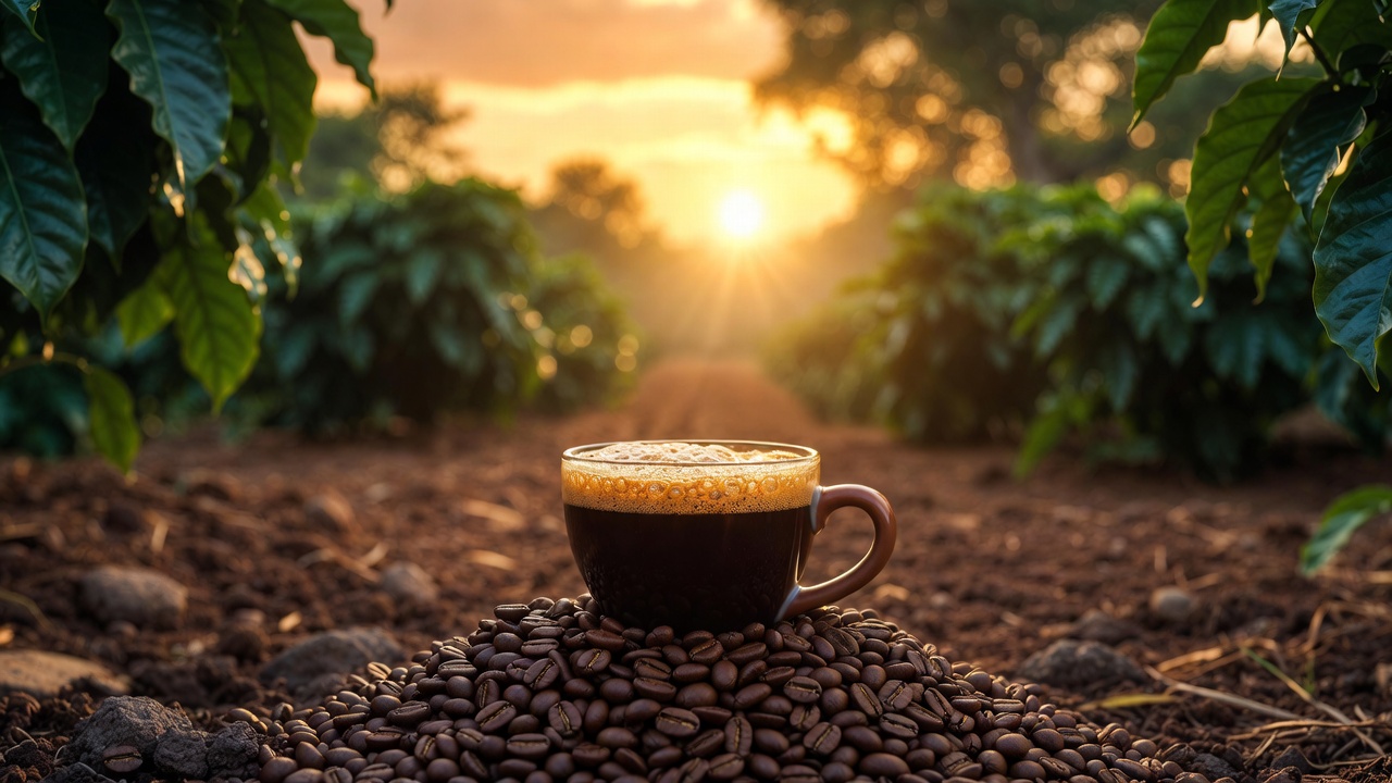Cinematic view of a coffee plantation at sunset